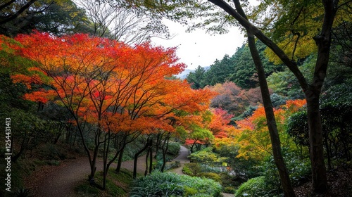 Autumnal Garden Path with Vibrant Red and Orange Leaves