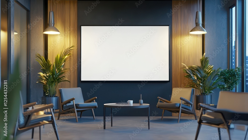 Sleek conference room setup with a blank white screen in 3D, soft lighting, and professional minimalist design, perfect for advertisements. Sleek conference room setup with a blank white screen in 3D, soft lighting, and professional minimalist design, perfect for advertisements.
