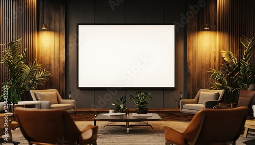Stylish conference room with blank white screen TV, soft lighting, and modern minimalistic design for corporate ads.