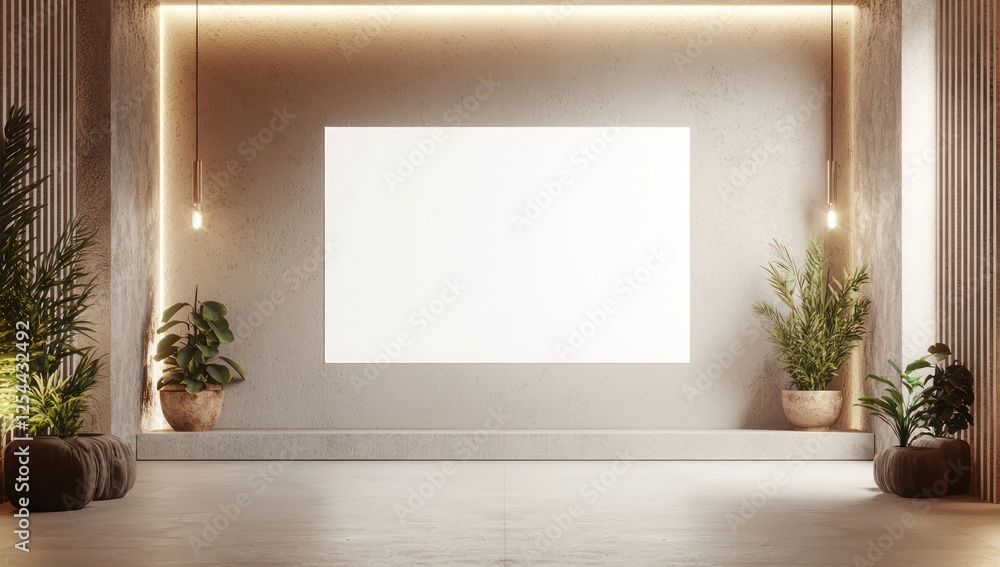Sleek gallery room with a blank white screen, soft lighting, and minimalistic design for modern office ads Sleek gallery room with a blank white screen, soft lighting, and minimalistic design for modern office ads
