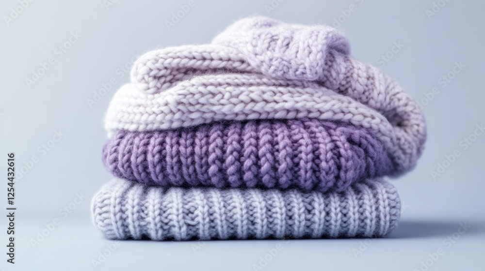 Stacked pastel knit sweaters, soft textures, winter clothing, studio shot, lifestyle Stacked pastel knit sweaters, soft textures, winter clothing, studio shot, lifestyle