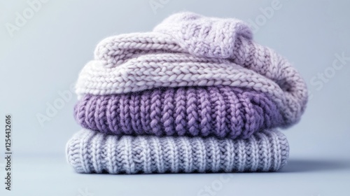 Stacked pastel knit sweaters, soft textures, winter clothing, studio shot, lifestyle