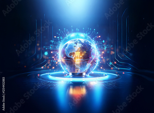 Wallpaper Mural A glowing globe with interconnected lines sits on a futuristic platform, radiating blue and orange light. A double exposure effect creates a layered, technological feel, suggesting global connectivity Torontodigital.ca
