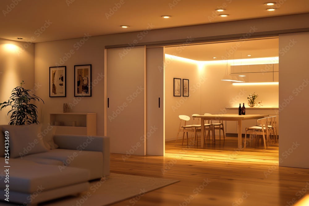 Fototapeta premium Open living and dining area with sliding doors in 3D, soft lighting, and minimalist Scandinavian design for refined ads.