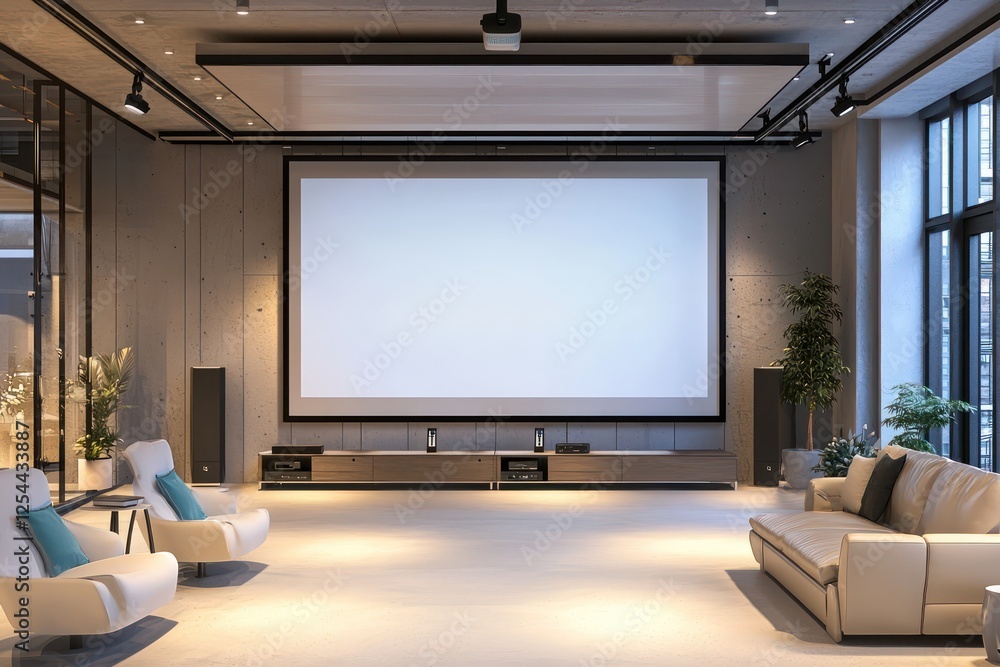 Fototapeta premium Modern office space with large screen, minimalist decor, soft lighting, perfect for workplace advertisements and corporate showcases.