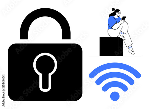 Large lock icon emphasizes digital security wireless symbol highlights connectivity person using tablet represents internet usage. Ideal for cybersecurity, online privacy, technology, remote work