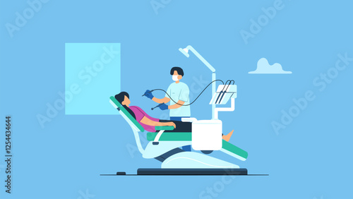 Vector illustration of dentist examining patient with medical equipment at dental clinic. Oral care, dentist and procedures with patients for health, wellness and dental hygiene concept.