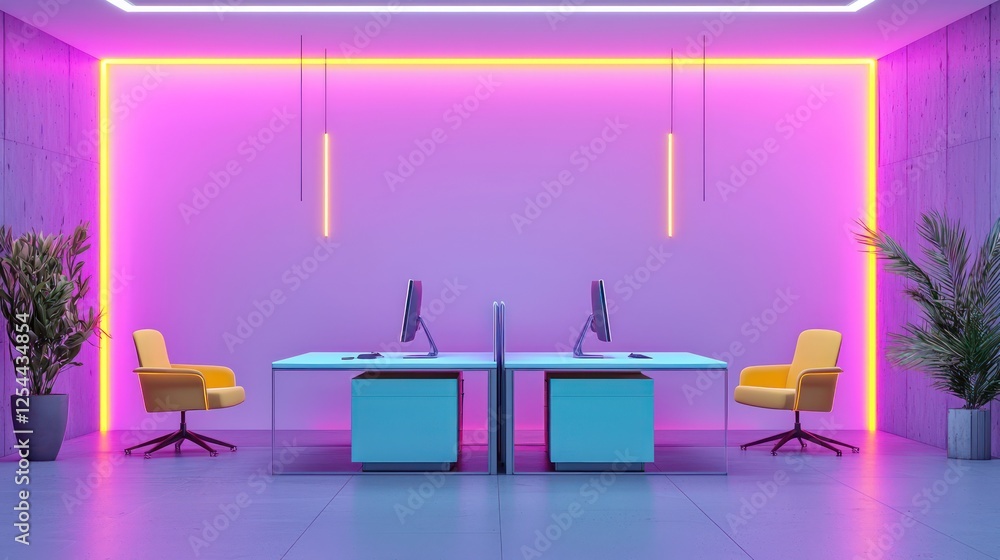 3D model of a stylish office layout with neon furniture accents, clean lines, and a minimalist design. 3D model of a stylish office layout with neon furniture accents, clean lines, and a minimalist design.