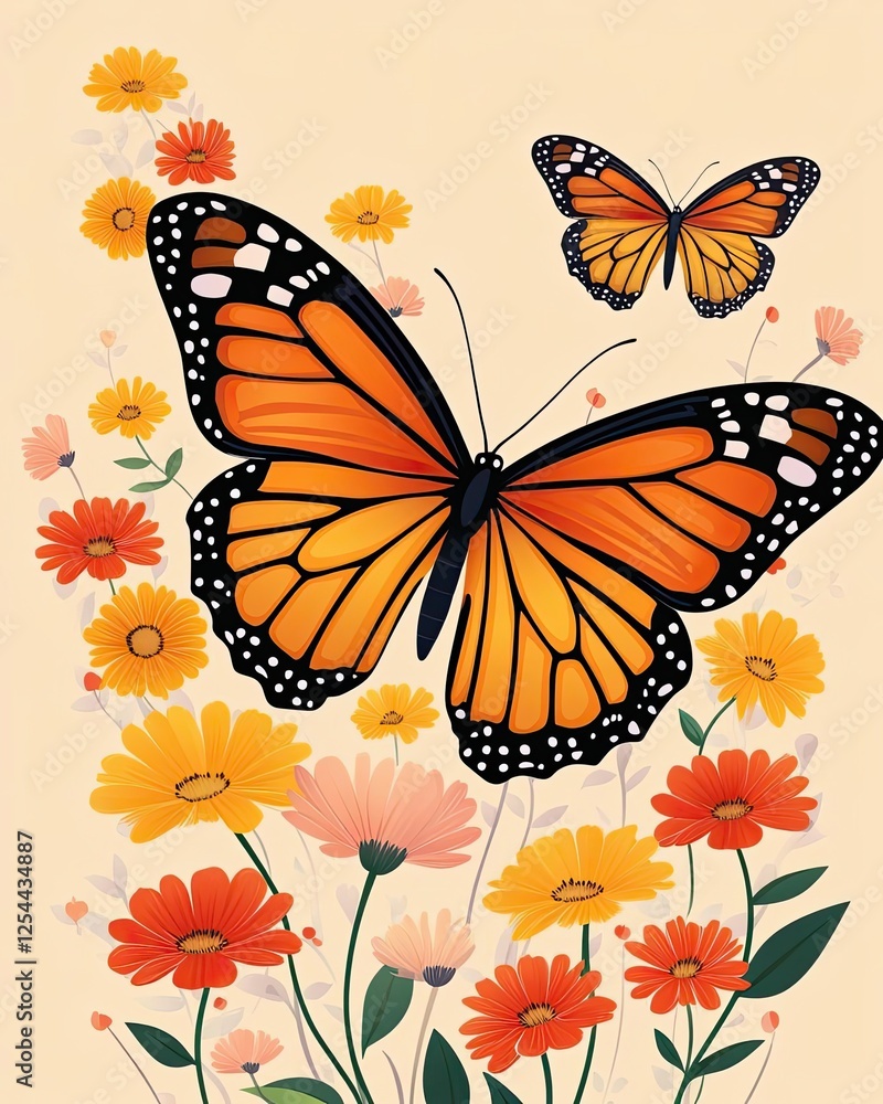 Illustration of glowing pastel monarch butterflies migrating in a vibrant seasonal scene Illustration of glowing pastel monarch butterflies migrating in a vibrant seasonal scene
