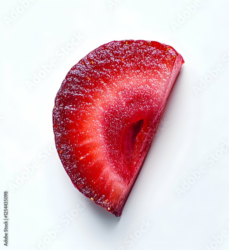 Macro close-up reveals the vibrant texture and intricate details of a luscious strawberry slice, a refreshing summer treat against a pristine white backdrop photo