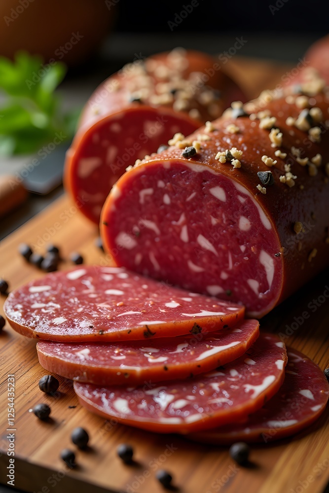 Sliced salami on wooden board with black peppercorns and herbs, Hungarian salami Sliced salami on wooden board with black peppercorns and herbs, Hungarian salami
