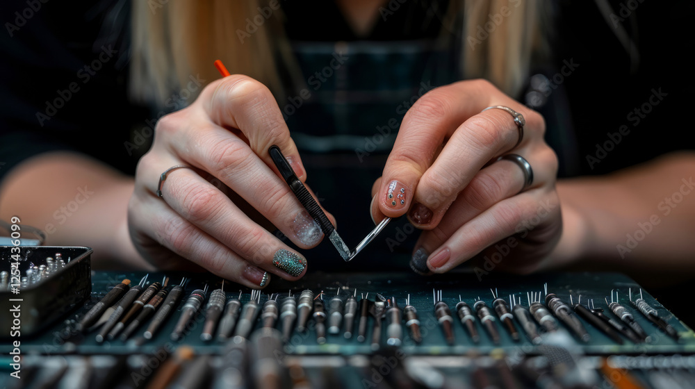 Precision Craftsmanship: Close-up shot of a skilled artisan's hands working with meticulous detail on a delicate piece, showcasing the tools and techniques involved in crafting intricate jewelry. Precision Craftsmanship: Close-up shot of a skilled artisan's hands working with meticulous detail on a delicate piece, showcasing the tools and techniques involved in crafting intricate jewelry.