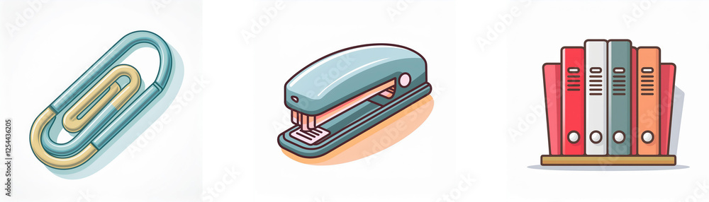 Icons of office tools: paperclip, stapler, and binders for organizing documents on a shelf. Icons of office tools: paperclip, stapler, and binders for organizing documents on a shelf.