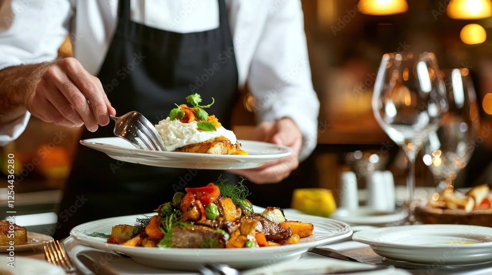 A restaurant worker in an apron serving food to guests at a table. A restaurant worker in an apron serving food to guests at a table.