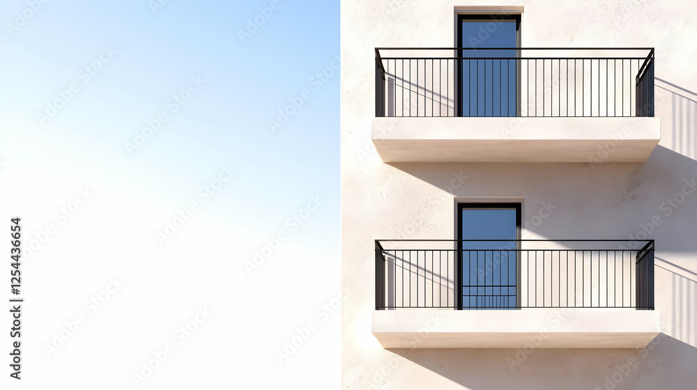 Modern apartment building balconies, sunny day, clear sky, architectural design Modern apartment building balconies, sunny day, clear sky, architectural design