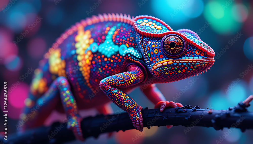 Fototapeta premium Vividly Colored Chameleon Perched on a Branch Amidst Dazzling Lights in a Dark Environment