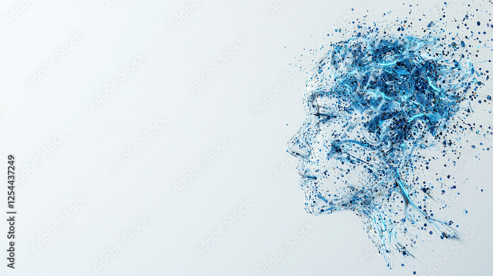 Obraz premium dynamic visualization of human face made of blue particles, symbolizing creativity and technology