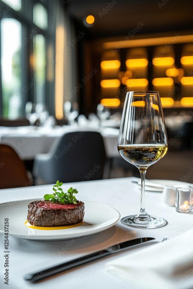 Elegant Dining with Steak and Wine in Fine Restaurant Elegant Dining with Steak and Wine in Fine Restaurant