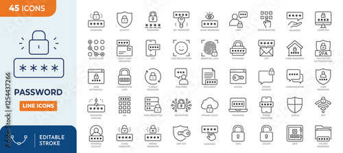 Password line editable icon set. Containing login, access, secure, passcode, encryption, code, 2FA, fingerprint and more. Vector illustration