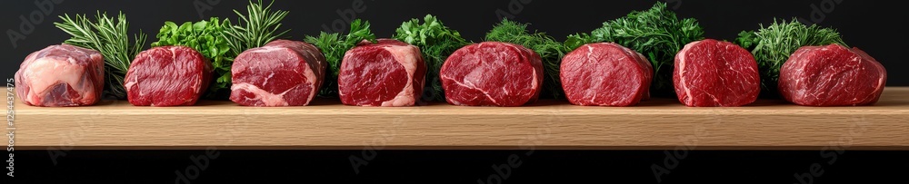 Fresh Cuts of Beef with Herbs on a Wooden Board Fresh Cuts of Beef with Herbs on a Wooden Board