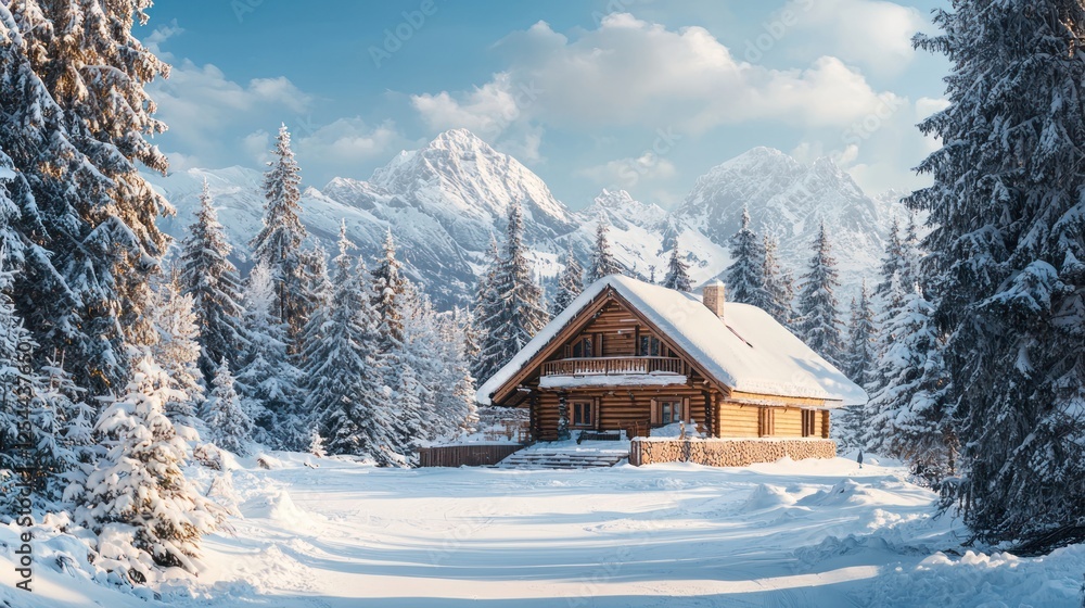 A cozy ski resort lodge surrounded by snowy trees and mountains. A cozy ski resort lodge surrounded by snowy trees and mountains.