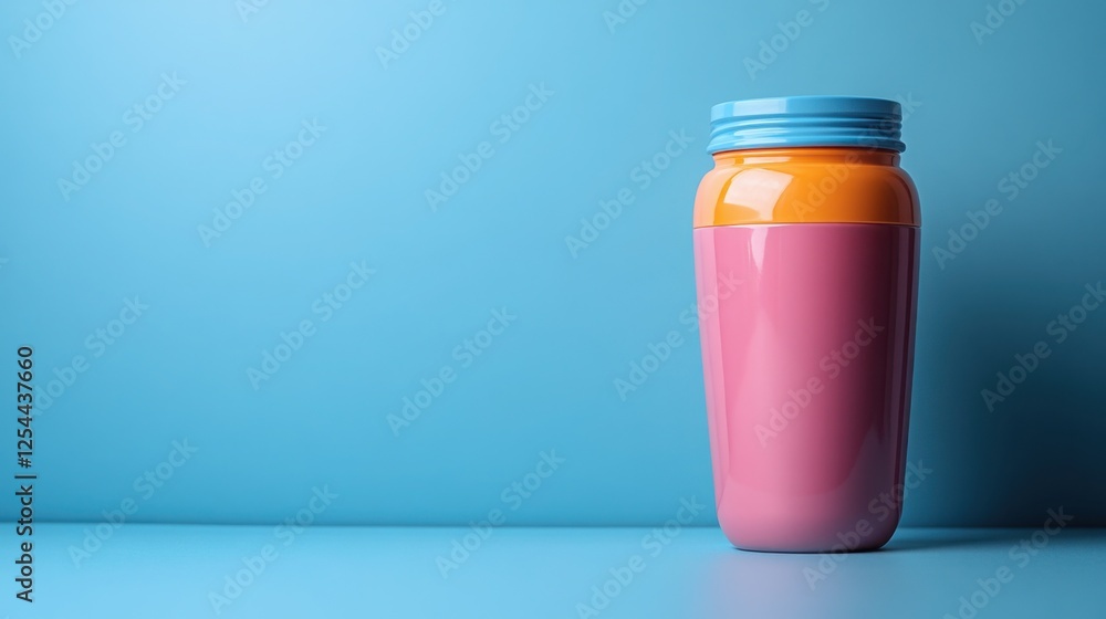 Colorful Plastic Container on Blue Background Studio Shot Modern Design Storage Jar Colorful Plastic Container on Blue Background Studio Shot Modern Design Storage Jar