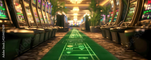 Vibrant view of a casino floor with green gaming table.