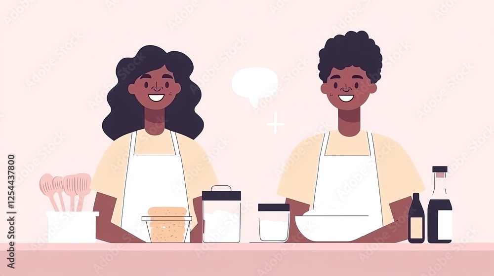 Two cheerful individuals are seen in a kitchen setting, wearing aprons and surrounded by cooking ingredients, ready for culinary activities. Two cheerful individuals are seen in a kitchen setting, wearing aprons and surrounded by cooking ingredients, ready for culinary activities.