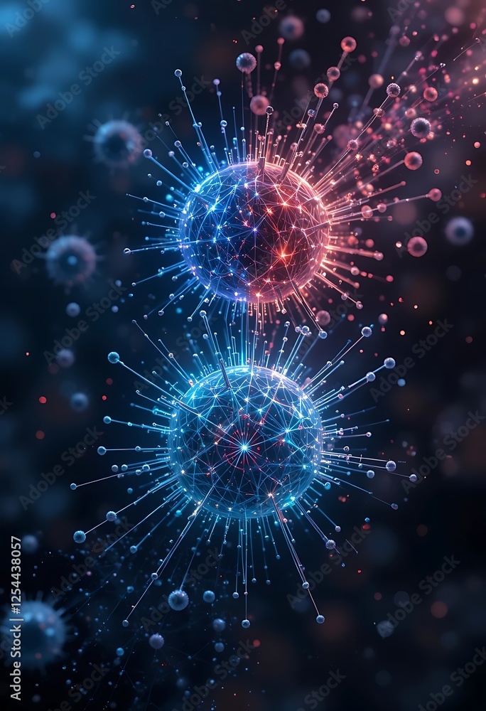 Fototapeta premium Abstract Representation of Viral Particles with Glowing Spikes and Connections