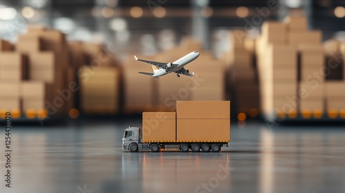 A futuristic global logistics hub featuring air, sea, and land transportation, an airplane taking off, a massive cargo ship, and a freight truck in motion, copy space for branding photo