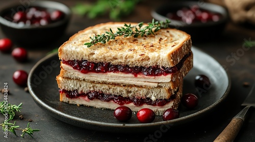 A delicious sandwich layered with turkey, cranberry sauce, and herbs. Perfectly toasted bread enhances the savory and sweet flavors, ideal for festive meals or lunch.