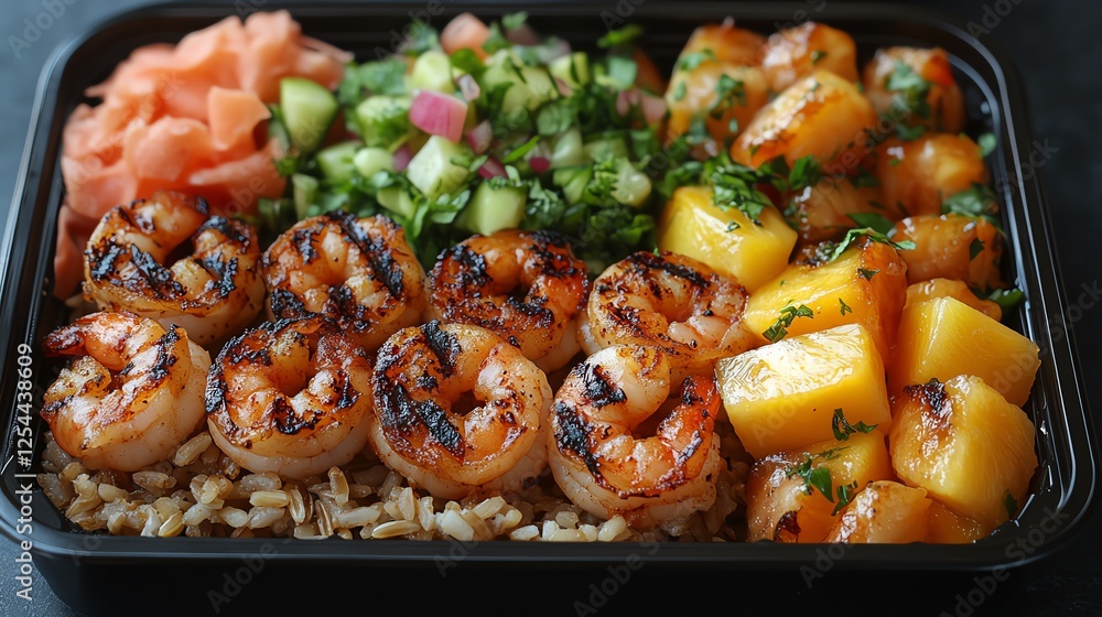 A delicious seafood meal featuring grilled shrimp served with rice, fresh vegetables, and mango. This vibrant dish showcases a perfect balance of flavors and textures. A delicious seafood meal featuring grilled shrimp served with rice, fresh vegetables, and mango. This vibrant dish showcases a perfect balance of flavors and textures.