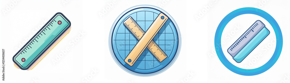 Obraz premium Three cartoon icons display rulers: a single ruler, crossed rulers in a circle, and a ruler inside a circle. These represent measuring instruments.