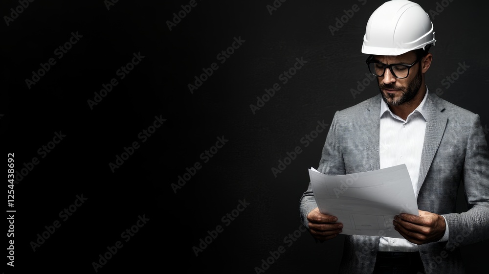 A lead architect in a helmet and suit, standing in an industrial environment, reviewing blueprints with a confident expression, modern corporate branding copy space A lead architect in a helmet and suit, standing in an industrial environment, reviewing blueprints with a confident expression, modern corporate branding copy space
