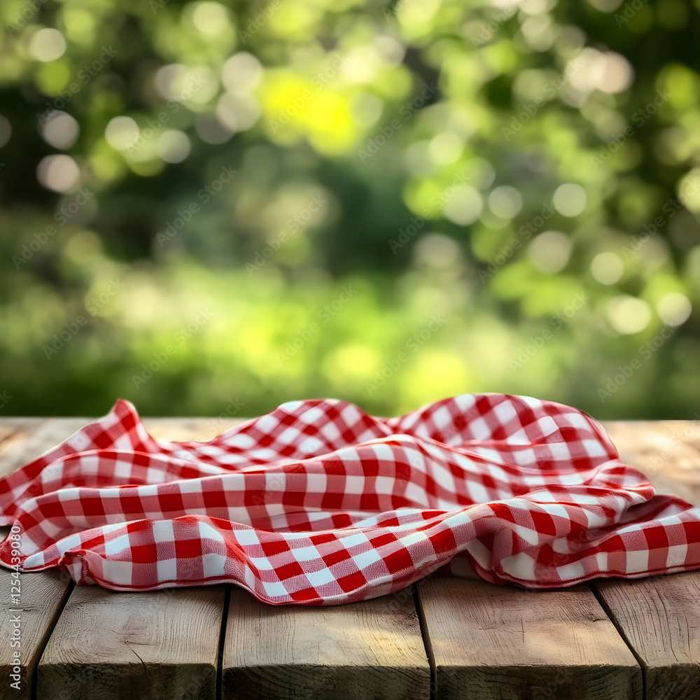 Fototapeta premium Inviting scene of a rustic wooden table draped with a classic red checkered tablecloth, set against a sun-dappled green backdrop evokes warm summer memories