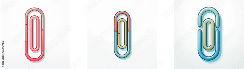 Three colorful paper clips, pink, beige, and blue, stand upright on a white surface, casting subtle shadows. Three colorful paper clips, pink, beige, and blue, stand upright on a white surface, casting subtle shadows.