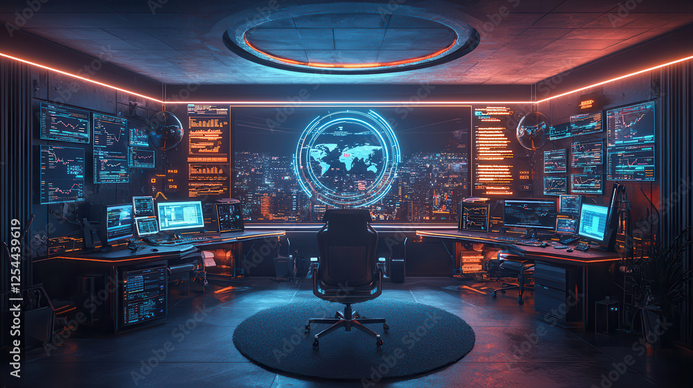 Naklejka premium Futuristic data hub with glowing screens, city view, and modern design