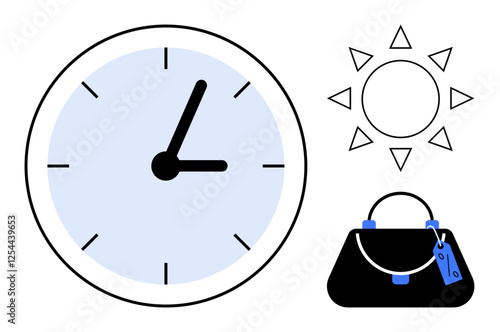 Clock showing time, bright sun, and handbag with tag. Ideal for time management, daily routine, productivity, scheduling, lifestyle organization planning trips. Abstract line flat metaphor