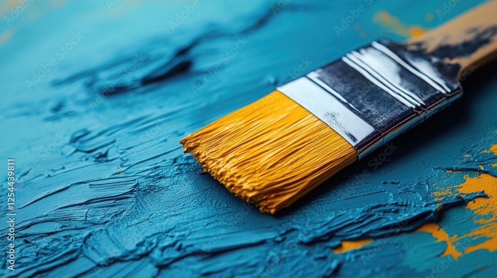 Fototapeta premium Close up of Paintbrush on Textured Teal and Gold Acrylic Paint