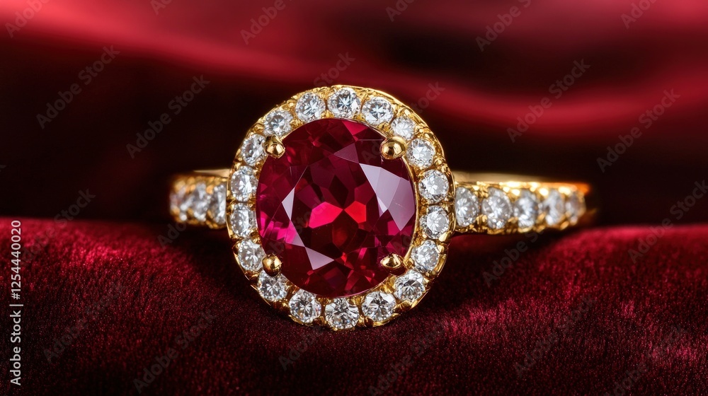 Detailed Close Up of a Gold Ring with a Ruby Gemstone and Diamond Halo on Red Velvet Fabric Background