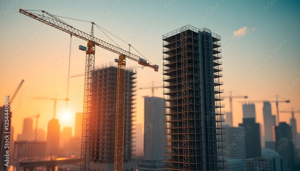 Naklejka premium Building Tomorrow: A Futuristic Construction Site at Sunset