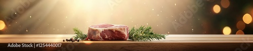 Fresh Meat on Wooden Table with Holiday Background