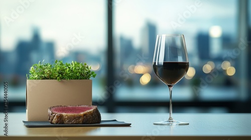 Elegant Dinner with Steak and Red Wine in City Setting