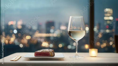 Elegant Dining with Steak and Wine in City Setting