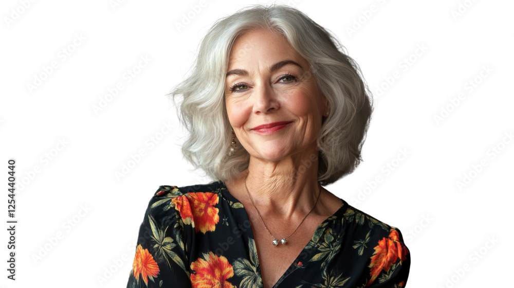 Smiling senior woman with gray hair posing on transparent background Smiling senior woman with gray hair posing on transparent background