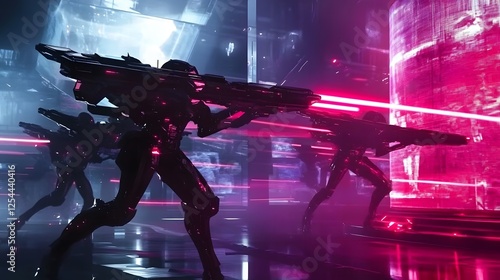 A futuristic battle scene featuring robotic soldiers shooting red laser beams in an industrial environment illuminated by neon lights. Sleek-designed robots equipped with high-tech weapons stand ready photo