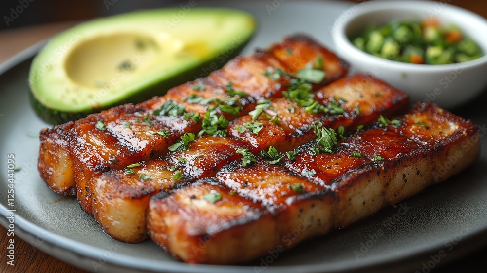 A delicious serving of grilled tofu with a side of fresh avocado and vibrant dipping sauce A delicious serving of grilled tofu with a side of fresh avocado and vibrant dipping sauce