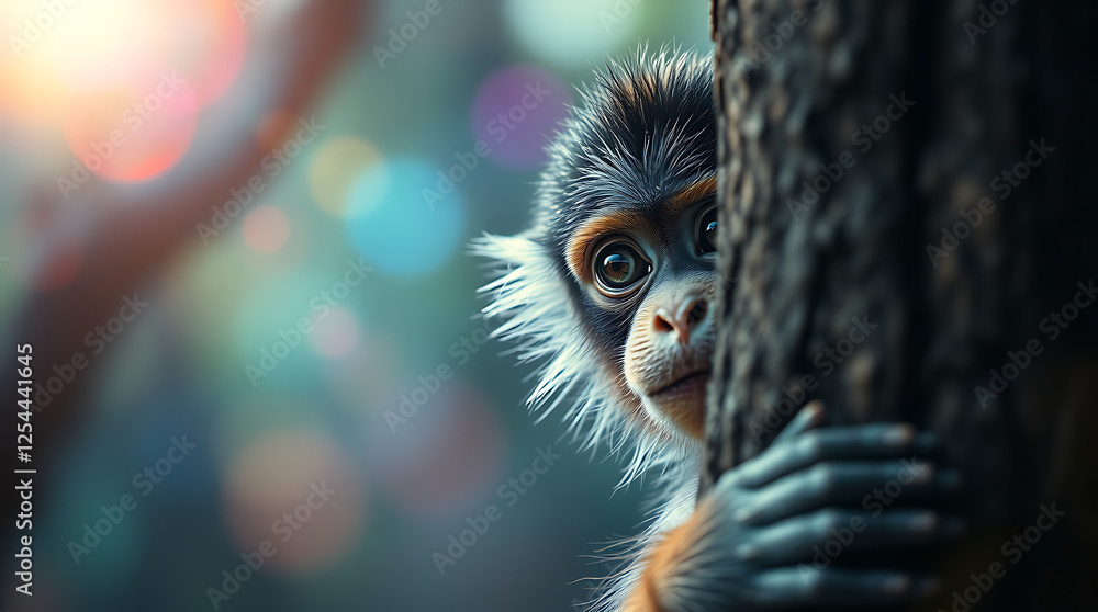 Fototapeta premium a capuchin monkey peeking out from behind a tree trunk