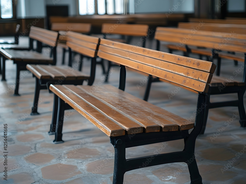 Rows of weathered wooden benches create a sense of quiet anticipation in a spacious hall with natural light filtering in from the surroundings Rows of weathered wooden benches create a sense of quiet anticipation in a spacious hall with natural light filtering in from the surroundings