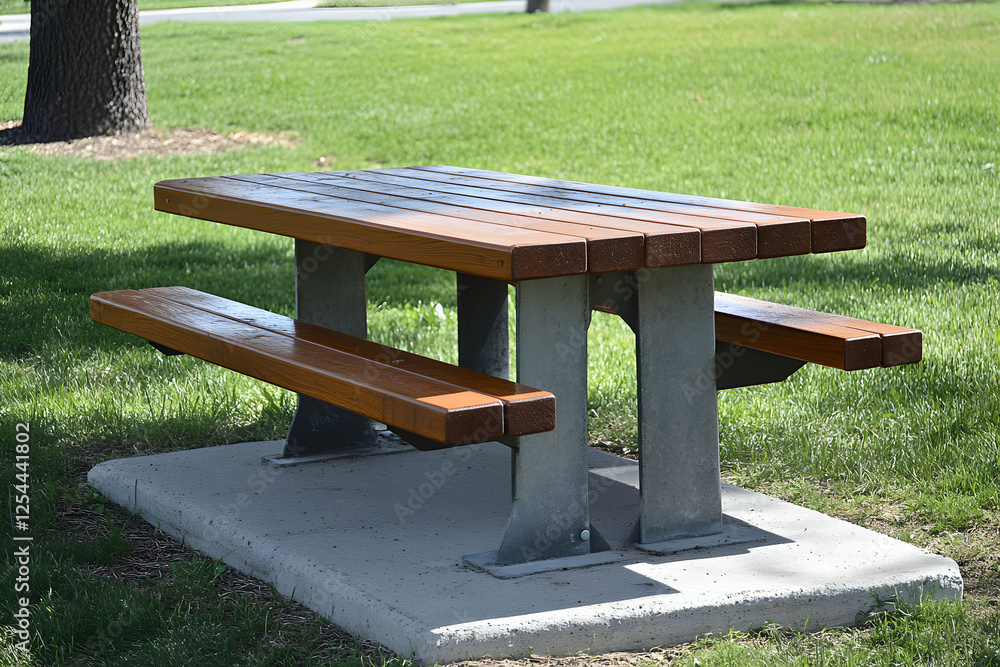 A serene picnic spot, Wooden picnic table on green grass, inviting outdoor dining and relaxation in a park, perfect for leisure time A serene picnic spot, Wooden picnic table on green grass, inviting outdoor dining and relaxation in a park, perfect for leisure time